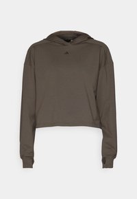 Sweat à capuche court vert olive foncé avec manches longues, trous pour les pouces aux poignets et petit logo noir Adidas centré sous l'encolure.