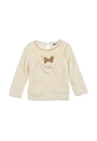 Cremefarbenes, flauschiges Langarmoberteil mit einer goldenen Pailletten-Schleife und einer Maus-Silhouette-Grafik auf der Vorderseite, mit einem Knopfverschluss im Rücken.