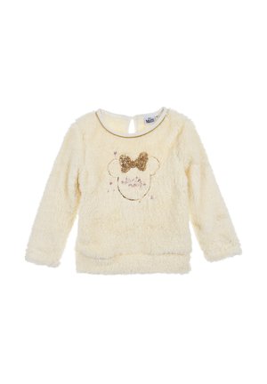 Top lungo a maniche con un colore crema, morbido e soffice, decorato con un fiocco di paillettes dorate e una silhouette di topo grafica sulla parte anteriore, dotato di chiusura con bottone sul retro.