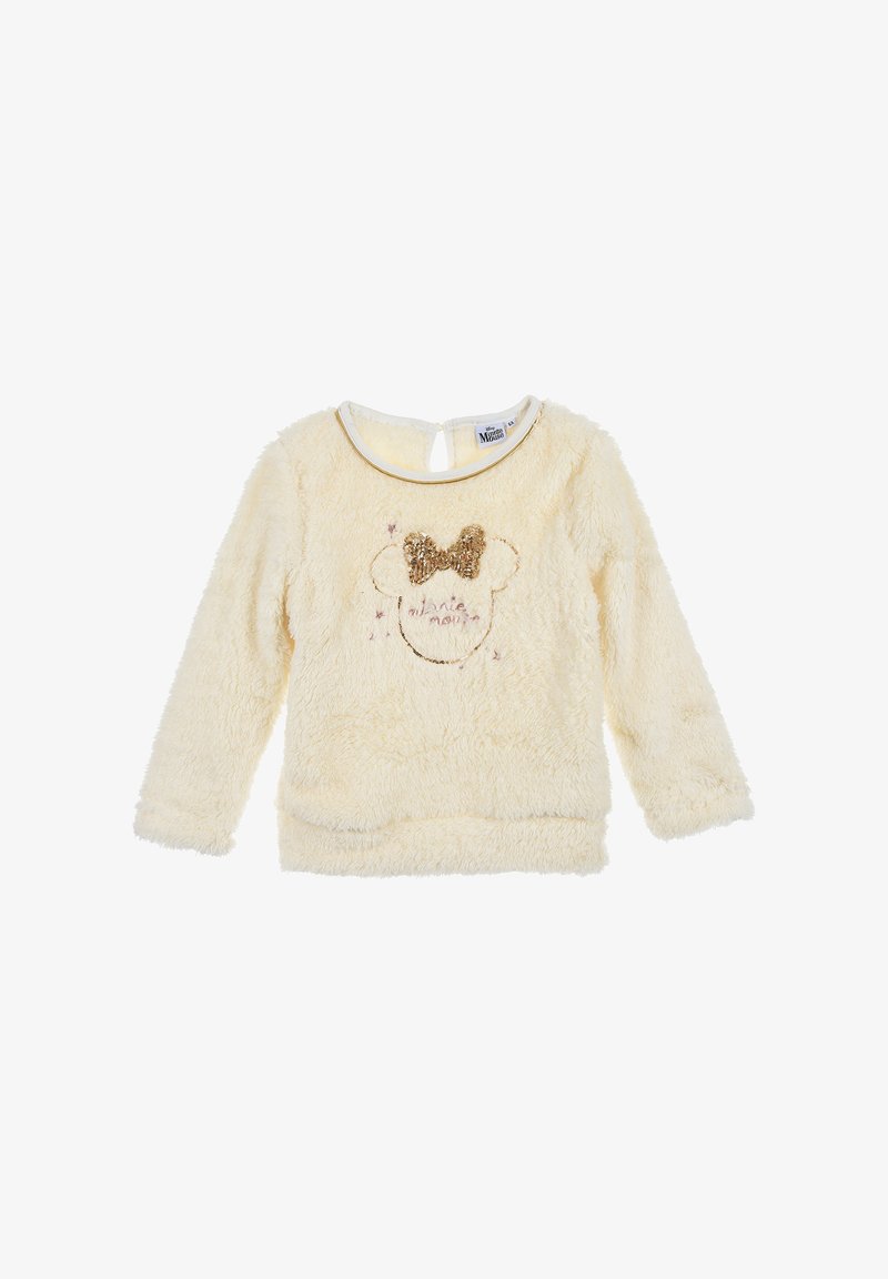 Top lungo a maniche con un colore crema, morbido e soffice, decorato con un fiocco di paillettes dorate e una silhouette di topo grafica sulla parte anteriore, dotato di chiusura con bottone sul retro.