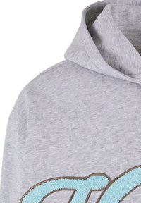 Pelēka kapuce ar mīkstu, teksturētu audumu un gaismas zila izšūta logo ar brūnu kontūru. Tuvplāns uz kapuces un plecu zonu.