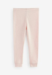 Lichtroze leggings van katoenmix met een gladde textuur, een aangesloten ontwerp en ronde manchetten bij de enkels. Geen zichtbare patronen of hardware.