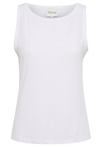 Biała bezrękawnikowa bluzka z prążkowanej tkaniny, z okrągłym dekoltem i luźnym krojem. Metka widoczna jest przy szyi.