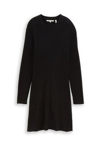 Schwarzes, geripptes Strickkleid mit langen Ärmeln, rundem Ausschnitt und lockerer Passform. Mit diagonalen Nahtdetails und einem knielangen Saum.