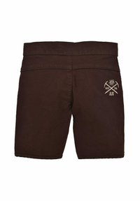 Braune Baumwollshorts mit geradem Schnitt, ausgestattet mit einem gestickten Logo mit gekreuzten Werkzeugen und "EST 74" im Bereich der hinteren Tasche.