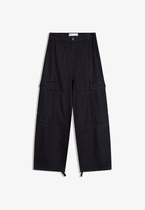 Pantalon cargo noir à jambes larges avec poches à rabat latérales, passants de ceinture et liens réglables à l'ourlet.