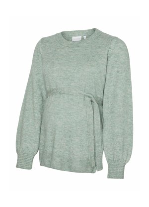Maglione per gravidanza verde a maglia con maniche lunghe, collo rotondo e lacci regolabili in vita per un look aderente. Texture morbida e peso medio.