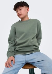 Sudadera verde con cuello redondo y mangas largas, combinada con jeans de color azul claro. Tela de algodón suave con corte relajado.