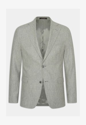 Lichtgrijze blazer van textiel met structuur, voorzien van een sluiting met één knoop, notch revers en twee voorkruiszakken. Gevoerde binnenkant zichtbaar.