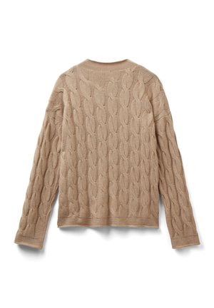 Beige Kabelstrickpullover mit langen Ärmeln, gerippten Bündchen und Saum, flach liegend und mit der Rückseite angezeigt.