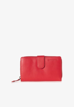 Red leather wallet with a smooth texture, zip closure, and a snap button. Features a logo embossed on the front. Compact rectangular shape.