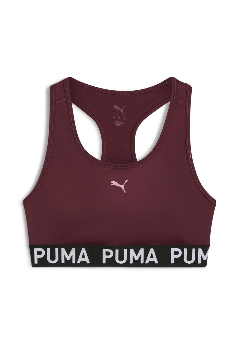 Bordo sportski grudnjak s dizajnom s racerback, s crnim elastičnim pojasom s bijelim "PUMA" brendiranjem i glatkim rastezljivim materijalom.