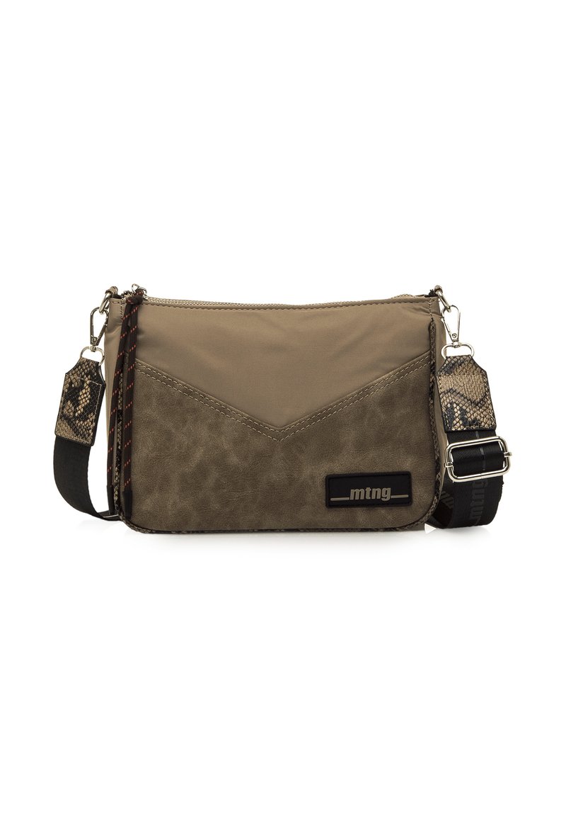 Borsa a tracolla khaki con finitura testurizzata, design a zigzag, tracolla regolabile e accessori metallici. Presenta una placca con logo e dettagli a motivo.