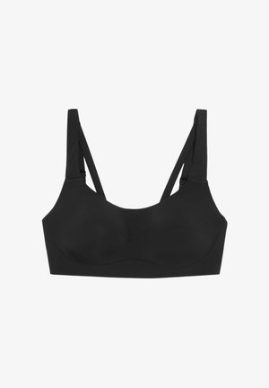 Sostenedor deportivo negro con una textura suave, tirantes anchos y un escote redondeado. Carece de aros, ofreciendo un diseño sin costuras.