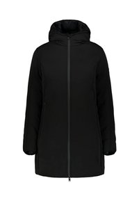 Parka nera con cappuccio, chiusura frontale a cerniera, maniche lunghe, esterno morbido, due tasche laterali, design minimalista, senza motivi o decorazioni visibili.