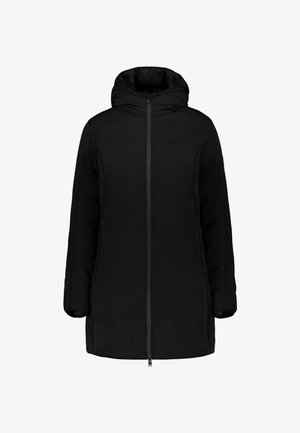 Parka nera con cappuccio, chiusura frontale a cerniera, maniche lunghe, esterno morbido, due tasche laterali, design minimalista, senza motivi o decorazioni visibili.