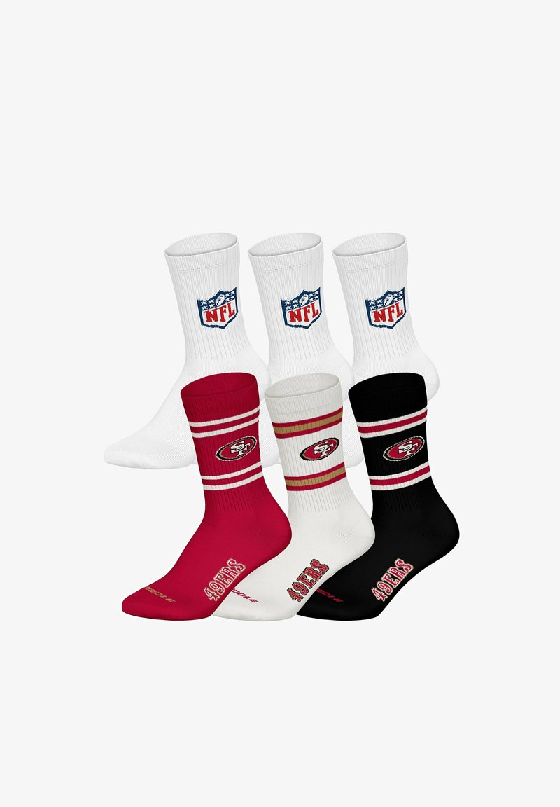 Cinq paires de chaussettes NFL, trois blanches avec le logo NFL, et trois en rouge, blanc et noir avec le logo et les bandes des San Francisco 49ers.