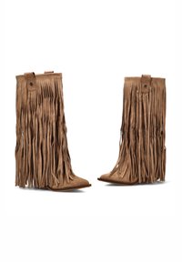 Botas altas de ante en color marrón claro con detalles de flecos largos cubriendo todo el tubo y punteras puntiagudas.