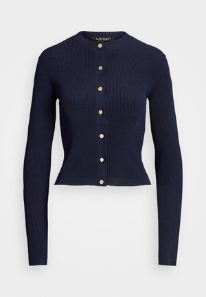 Donkerblauwe, geribbelde cardigan met lange mouwen, gouden knopen aan de voorkant en een ronde halslijn.