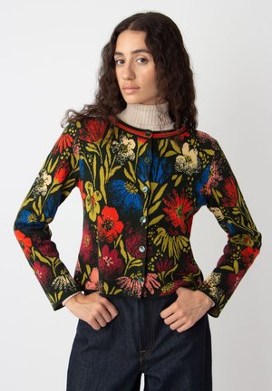 Cardigan floreale con maniche lunghe, base nera e stampa di fiori multicolori. Rifinito con bottoni turchesi e un collo a contrasto.