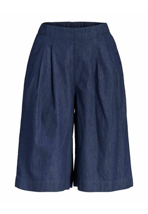 Donkerblauwe denim shorts met wijde pijpen, plooien en een elastische tailleband, knielang met een losse pasvorm.