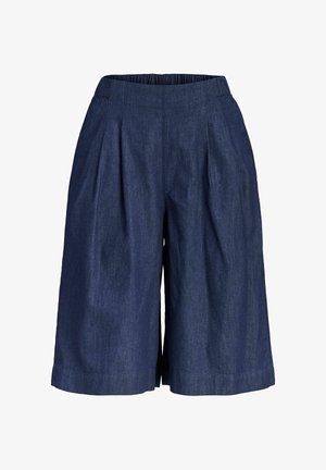 Tumesinised laiade säärtega teksad, voldid ja elastsest vöökohast, põlveni, lõdva lõikega.