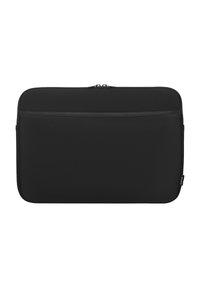 Schwarze rechteckige Laptoptasche mit Reißverschluss und Vordertasche, aus glattem Neoprenmaterial gefertigt.