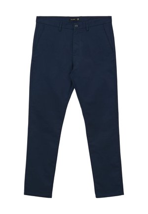 Navyblaue Baumwollhose mit Knopfverschluss, Fronttaschen und geradem Bein. Glatte Textur, keine sichtbaren Muster oder Akzente.