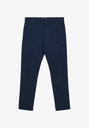 Pantaloni di cotone blu navy con chiusura a bottone, tasche frontali e design a gamba dritta. Texture liscia, senza motivi o accenti visibili.