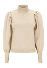 Pull à col roulé beige avec texture côtelée et manches bouffantes. Comprend un ourlet et des poignets ajustés, fabriqué en matériau tricoté doux.