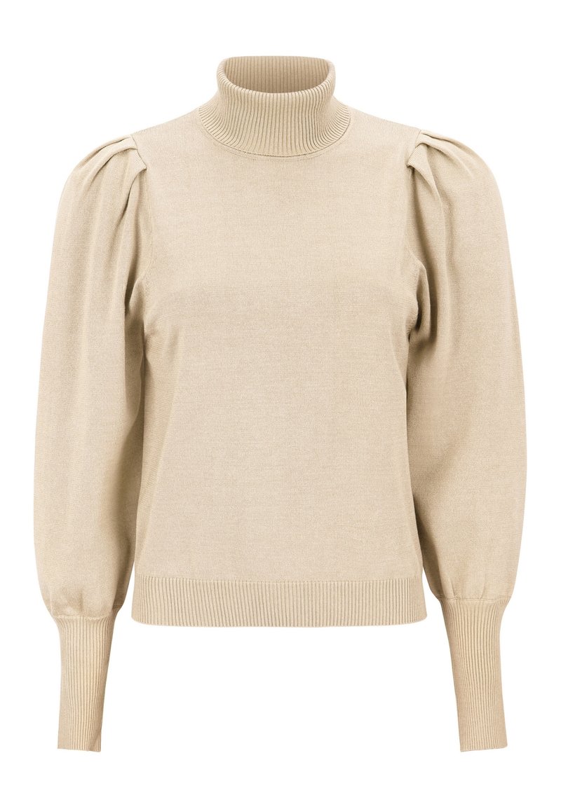 Pull à col roulé beige avec texture côtelée et manches bouffantes. Comprend un ourlet et des poignets ajustés, fabriqué en matériau tricoté doux.
