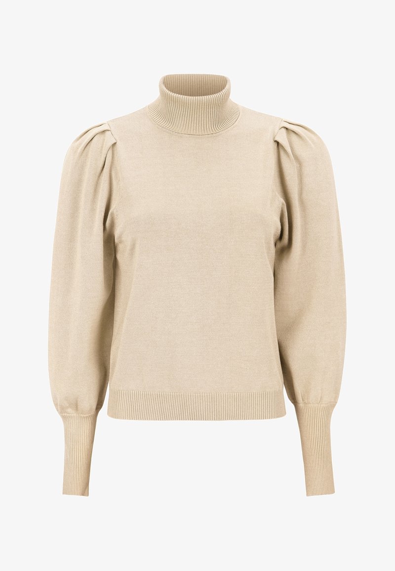 Pull à col roulé beige avec texture côtelée et manches bouffantes. Comprend un ourlet et des poignets ajustés, fabriqué en matériau tricoté doux.