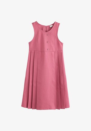 Ärmelloses pinkes Kleid mit rundem Halsausschnitt, drei Knöpfen am Vorderteil und plissiertem Rock.