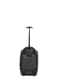 Borsone in tessuto grigio scuro con compartimento zip, manico robusto e ruote nere per la mobilità. Presenta una tasca laterale in rete.