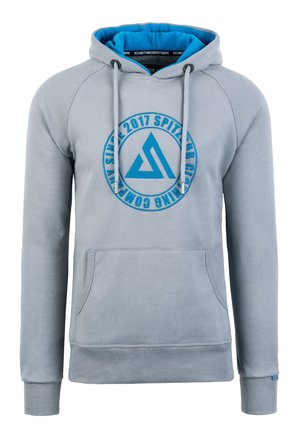 Jasnoszara bluza z kapturem z niebieską podszewką, przednią kieszenią, sznurkami oraz niebieskim okrągłym logo z tekstem i trójkątnym wzorem na piersi.