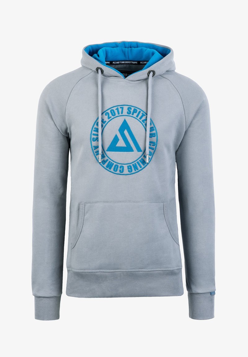 Hoodie gris clair avec doublure intérieure de capuche bleue, poche avant, cordons de serrage et un logo circulaire bleu avec texte et un motif triangulaire sur la poitrine.