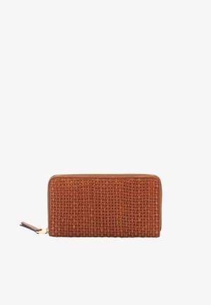 Brown woven leather wallet with a textured surface, zip closure, and a small tassel accent. Rectangular shape, compact design.
