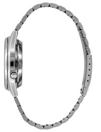Stainless steel watch with a polished round case and a linked bracelet. Features a crown on the side and a shiny finish throughout.