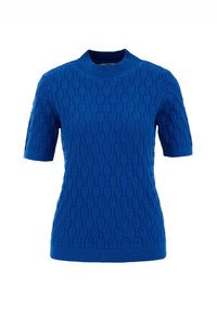 Blå kortärmad stickad tröja med texturerad bladdesign och ribbad krage, cuffs och nederkant.