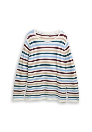 Dlouhý rukáv, žebrovaný svetr s horizontálními pruhy v krémové, světle modré, burgundy, béžové a tyrkysové barvě na bílém pozadí.