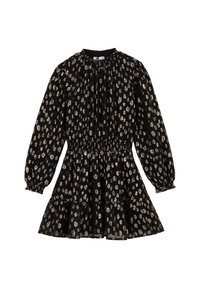Crna haljina s zlatnim leopard printom, napuhanim rukavima i skupljenim strukom. Ima višeslojni volanasti rub i nabranog izrez.