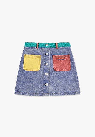 Denim skirt with a light blue wash, featuring a teal elastic waistband, five buttons, and yellow and red patch pockets.