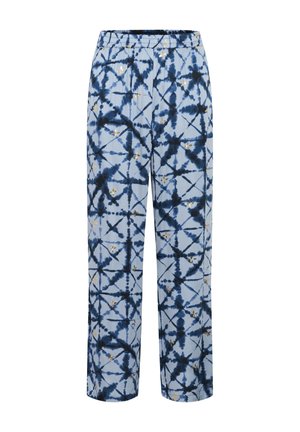 Blå batikbyxor med lös passform, som har ett geometriskt mönster i marinblått och krämfärgat. Tillverkade av ett mjukt, lätt tyg med elastisk midja.
