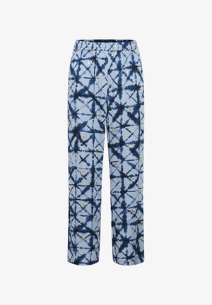 Pantaloni blue tie-dye con una vestibilità ampia, caratterizzati da un motivo geometrico in blu navy e crema. Realizzati in un tessuto morbido e leggero con cintura elastica.