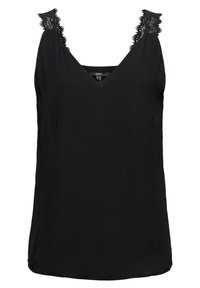 Blouse noire sans manches avec col en V et bordure en dentelle sur les bretelles, tissu lisse et coupe légèrement ample.