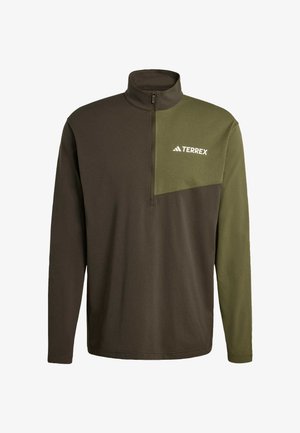 Dugi rukav tamnocrni i maslinasto zeleni pulover s četvrtinskim patentnim zatvaračem i TERREX logotipom na gornjem desnom dijelu prsa.