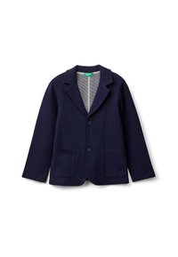 Marineblazer aus weichem Stoff, mit Reverskragen, zwei vorderen Taschen und einem einzelnen Knopfverschluss. Gefüttert mit einem gestreiften Innenfutter.