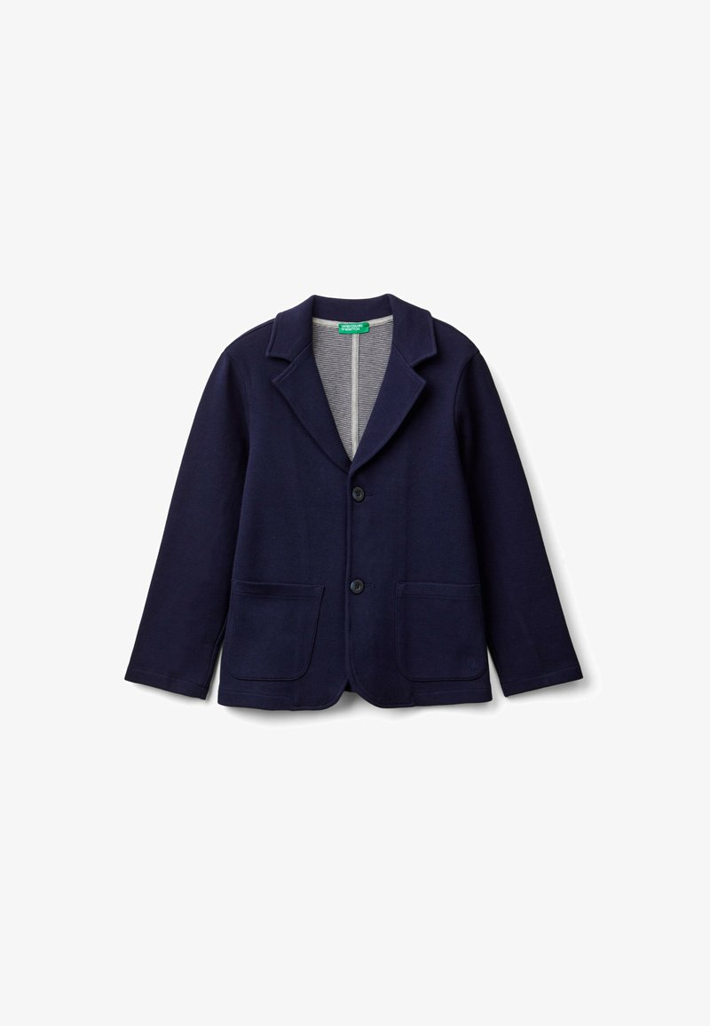 Marineblazer aus weichem Stoff, mit Reverskragen, zwei vorderen Taschen und einem einzelnen Knopfverschluss. Gefüttert mit einem gestreiften Innenfutter.