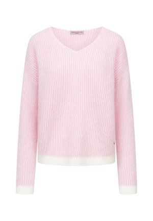 Roze gestreepte pullover trui met v-hals, lange mouwen en een witte zoom. Zachte textuur met afwisselende lichte en donkerdere roze strepen.
