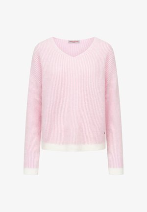 Roze gestreepte pullover trui met v-hals, lange mouwen en een witte zoom. Zachte textuur met afwisselende lichte en donkerdere roze strepen.